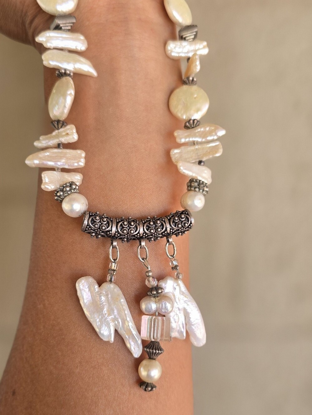 Amazing vintage handmade OOAK necklace with biwa and coin pearls with sterlin